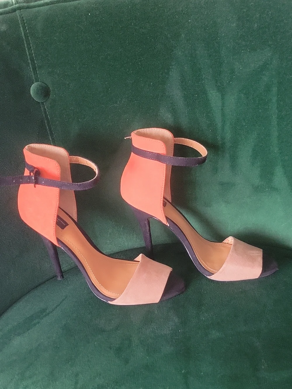 NEW Zara Colorblock Suede Ankle Strap Stiletto Heels Sandals Orange Black 37 6.5